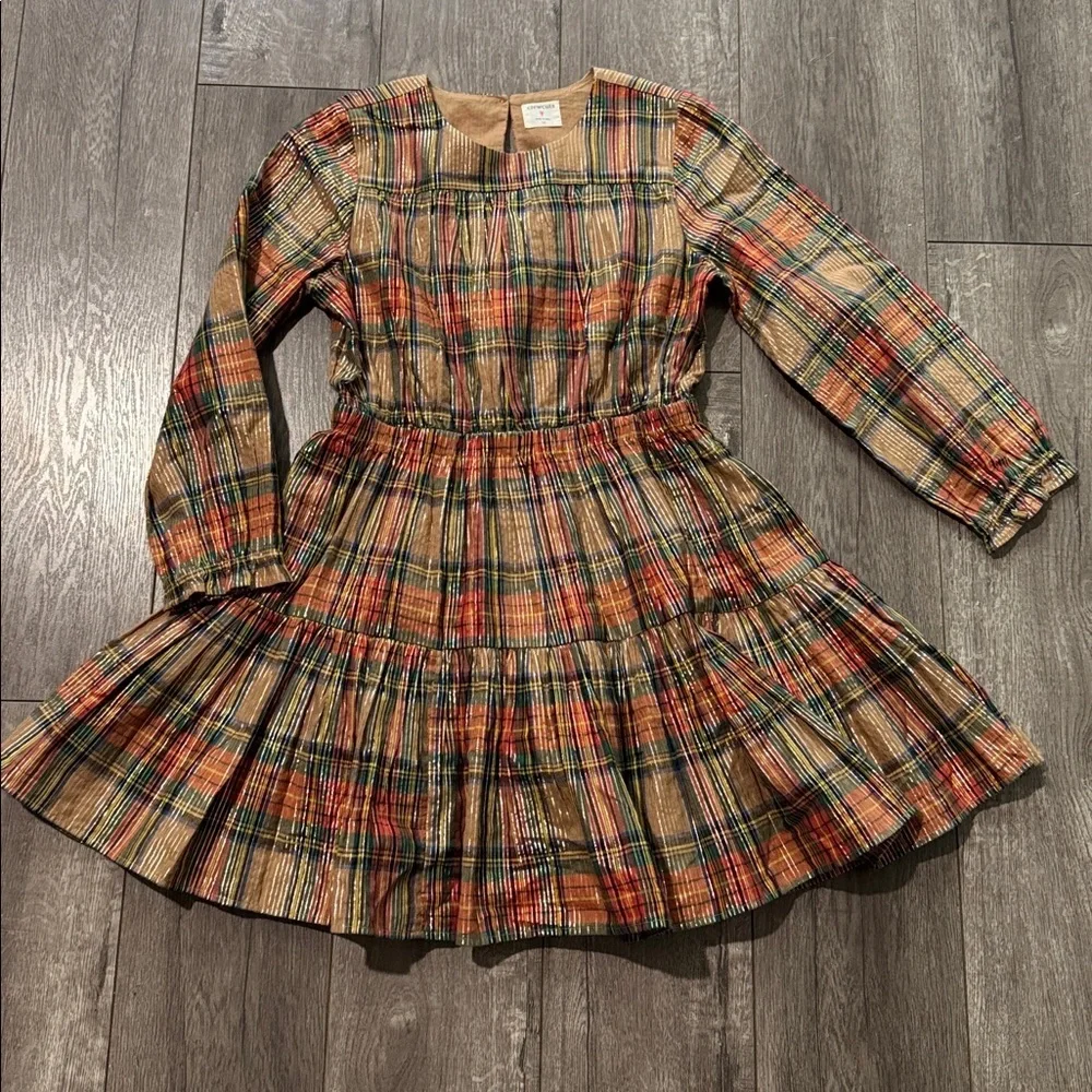 Crewcuts Girls Ruched Camel Stewart Tartan Dress Size 10